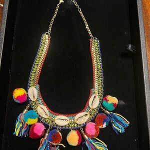 Colorful Pom Pom and Shell Necklace